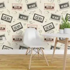 Peel & Stick Wallpaper 2FT Wide Watercolor Vintage Retro Cassette Tape 80S 90S Love Novelty Teenager Music Hand Drawn Handwriting Lightning Bolt Storm Cloud Rain Doodle Heart Custom Removable Wallpaper by Spoonflower