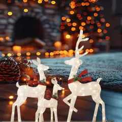 Luxurious White Cotton Thread Lighted Deer Family Set for Holiday Decor 60"+48"+32"