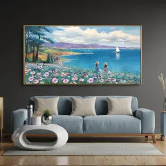 Landscape Wall Art - Blue Ocean Pink Flower Sailboat Mountain Tree Wall Decor Orange Frame Artwork for Wall Large Picture for Living Room Bedroom Home Office Wall Decoration Size 20x40