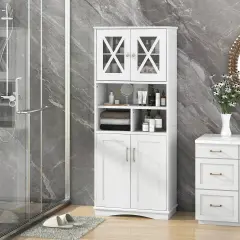 57-Inch Tall Freestanding Bathroom Storage Cabinet with 3 Adjustable Shelves and Acrylic Doors White