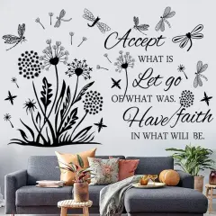 Inspirational Wall Stickers Quotes Wall Art Accept Let Go Have Faith Dandelion Wall Decals Flower Stickers Murals Wall Decor for Bedroom Office Bathroom Living Room Floral Wall Decals Wall Art Decoration.