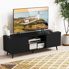 Media Console Table with 2 Side Cabinets with Doors and 3-Position Adjustable Shelf Black