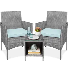 Best Choice Products 3-Piece Outdoor Wicker Conversation Patio Bistro Set, w/ 2 Chairs, Table Gray/Pastel Blue