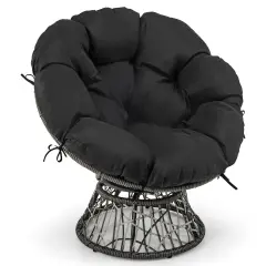 Black Swivel Papasan Chair with Thick Removable Cushion Suitable for Indoor or Outdoor Use