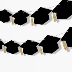 Big Dot of Happiness Graduation Cap Garland Banner, High School or Elementary Grad Photo Backdrop, 10 Feet of Cord, 15 Black Hats with Gold Tassels