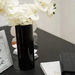 Lucite Mirror Accented Vase By Kinor Decor Black-Silver