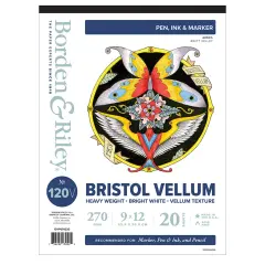 Borden & Riley #120V Bristol Vellum Pad, 270 GSM/157 lb., 20 White Sheets, 1 Pad Each