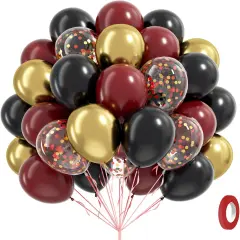 60pcs 12inch Black Burgundy and Gold Balloons, with Gold Red Black Confetti Balloons for Maroon Themed Birthday Baby Shower Graduation Party Decorations