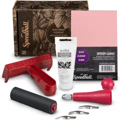 Block Printing Fabric Starter Kit, 7 Pieces &ndash; Includes Ink, Hard Brayer, Lino Handle and Cutters, Speedy-Carve Relief Carving Rubber