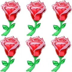 3D Red Rose Balloon Flower Decor Girls Pink Princess Supplies Romantic Decoration, 6 Pack Rose Foil Balloons