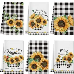 6 Pcs Sunflower Kitchen Towels Summer Buffalo Plaid Dishtowels for Kitchen Ultra Absorbent Black and White Hand Wash Cloth Sunflower Decor Decorative Set for Bathroom Housewarming Gift