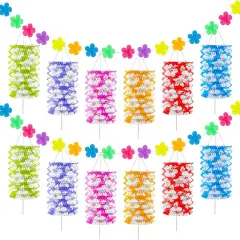 2 Pcs Hawaiian Summer Tiki Lounge Flowers and Lantern Garland Decoration 10 Feet Paper Hibiscus Lantern Garland Hanging Luau Tiki Lanterns for Tropical Party Bar BBQs Pool Supplies