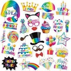 29 Pieces Birthday Photo Booth Props Kit Colorful Funny Kids Adult Birthday Theme Table Centerpiece Craft Cutouts with Bamboo Sticks& Stickers for Party Celebration Decorations