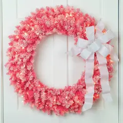 Northlight Pre-Lit Flocked Pink Artificial Christmas Wreath - 36 Inch, Clear Lights