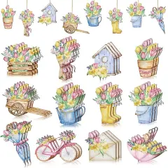 36 Pcs Spring Flower Wooden Ornaments Sunflower Tulip Lavender Tree Decoration Floral Gnome Hanging Wood Cutout Pastel Spring Decor for Home Small Tree Party(Tulip)