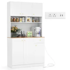Costway 71" Tall Pantry Cabinet with Outlets USB Ports Anti-Tipping Kits Adjustable Shelves White