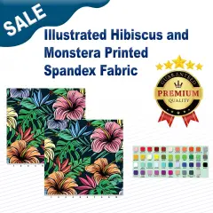 Illustrated Hibiscus & Monstera Nylon Spandex 4-Way Stretch