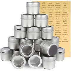20 Pack Magnetic Spice Containers for Refrigerator with 94 Labeling Stickers, Seasoning Jars with Clear Sift and Pour Top Lids (3.4 oz) Silver