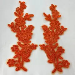 1 Pair Beaded & Corded Floral Lace Applique 10" x 2" Each Side Orange