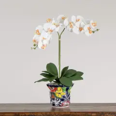 Nearly Natural Double Orchid Artificial Floral Arrangement in Mexican Talavera Planter - 26" White