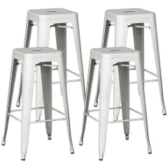 Basicwise 30-inch Backless Metal Bar Stool Stackable Heavy-Duty Counter-Height Chair for Home Bars Patios Kitchen Islands Cafes Restaurants Bistros and Dining Areas for Indoor & Outdoor Use White Set of 4