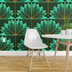 Peel & Stick Wallpaper 2FT Wide Lotus Floral Green Yellow Geometric Scallop Fan Turquoise Luxe Abstract Custom Removable Wallpaper by Spoonflower