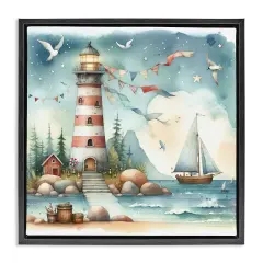 Stupell Industries Whimsical Lighthouse & Birds Floater Framed Canvas Wall Art Design by LSR Design Studio