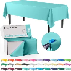 Exquisite Party Solids 54" x 100' Plastic Table Cover Roll with Slide Cutter &ndash; Cut-to-Size Dispenser Box &ndash; Makes Up to 36 Disposable 8' Rectangle Tablecloths Aqua