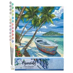 Figured'Art Paint by Numbers for Adults Boat under the Coconut trees 16"x20" - Craft Art Painting DIY Kit Rolled Canvas without frame