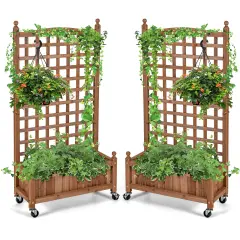 Costway 2PC 50in Wood Planter Boxw/Trellis Mobile Raised Bed for Climbing Plant