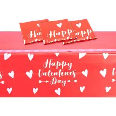 3 Pack Happy Valentines Tablecloth for Rectangular Tables, 54 x 108 in Disposable Plastic Table Cover for Valentines Table Decorations White