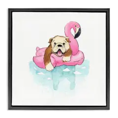 Stupell Industries Bulldog in Pool Float Framed Floater Canvas Wall Art Design by Geoff Allen