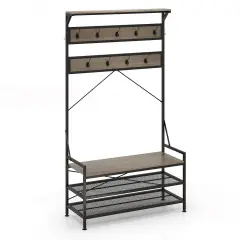 Costway Coat Rack 4-In-1 Hall Tree with 11 Hanging Hooks, Shoe Bench, 2-Tier Shoe Rack Gray/Brown