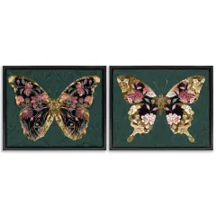 Stupell Industries Gold Black Floral Butterfly 2 pc Framed Floater Canvas Wall Art Set Design by Victoria Barnes