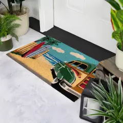 Northlight Retro Car on Beach Rectangular Coir Door Mat 18" x 30" Blue