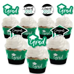 Big Dot of Happiness 2025 Green Graduation Cupcake Decoration - Party Cupcake Wrappers and Treat Picks Kit - Set of 24