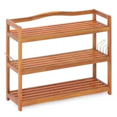 Costway 3-TierWood Shoe Rack Solid Acacia Wood Shoe Shelf with Side Metal Hooks
