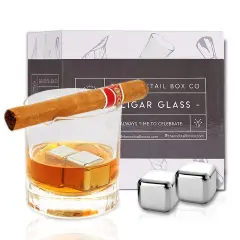 The Cocktail Box Co Cigar Whiskey Glass with Cigar Holder, Whiskey Cigar Glass Holder Set with 2 Whiskey Stones, Old Fashioned Cigar Cup Holder, Premium Bourbon Glass Cigar Holder, Gifts for men Clear