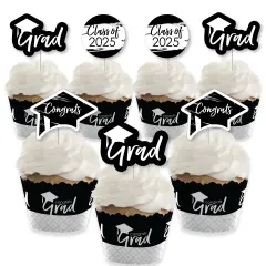 Big Dot of Happiness 2025 Black and White Graduation Cupcake Decoration - Party Cupcake Wrappers and Treat Picks Kit - Set of 24