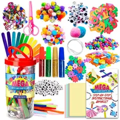 1000+ Piece Set Mega Kids Crafts and Art Supplies Jar Kit- Instructional Booklet Included - Glitter Glue, Construction Paper, Colored Popsicle Sticks, Googly Eyes, Pipe Cleaners
