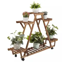 Indoor Outdoor Plant Stand Flower Pot Holder Rack Wood Shelf Wheels Heavy Duty