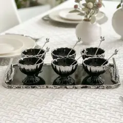 Porcelain Dessert Mugs with Tray Black / Silver