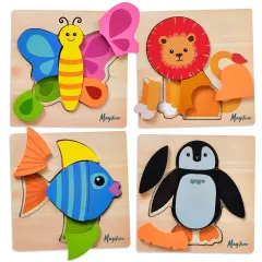 Magifire Wooden Puzzles, Set of 4 Montessori Style Toys for 1 Year Old, Toys for Toddlers 1-3, Baby Wood Toys with Chunky Pieces with Bag - Butterfly, Lion, Fish, Penguin, 6x6 inches