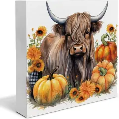 Fall Pumpkin Cow Wooden Sign Tabletop Decor 5 X 5 Inches