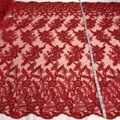 1 Yard Beaded and Corded Bridal Lace Fabric Embroidered on Soft Polyester Net Mesh 50" Width Red
