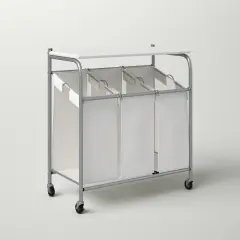 Beige Fabric 3-Section Wheeled Laundry Sorter with Folding Ironing Board