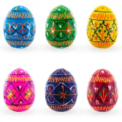Set of 6 Mini Geometric Ukrainian Pysanky Wooden Easter Eggs 1.6 Inches