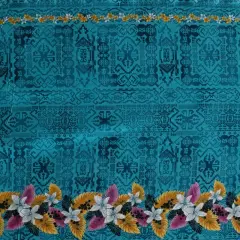 1 Yard Tropical Flowers And Leaves Double Border Peachskin Polyester Fabric For Sewing Apparel And Craft Projects 44/45 Inches Width Turquoise