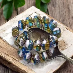 *12* 10mm Gold Washed Blended Pacific Blue, White & Topaz Fire Polished Cathedral Beads