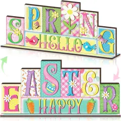 Easter Decorations Pastel Spring Table Decor Reversible Happy Easter Wooden Sign Farmhouse Hello Spring Tabletop Centerpiece for Home Tiered Tray Shelf Office Desk Mantel Rustic Decor